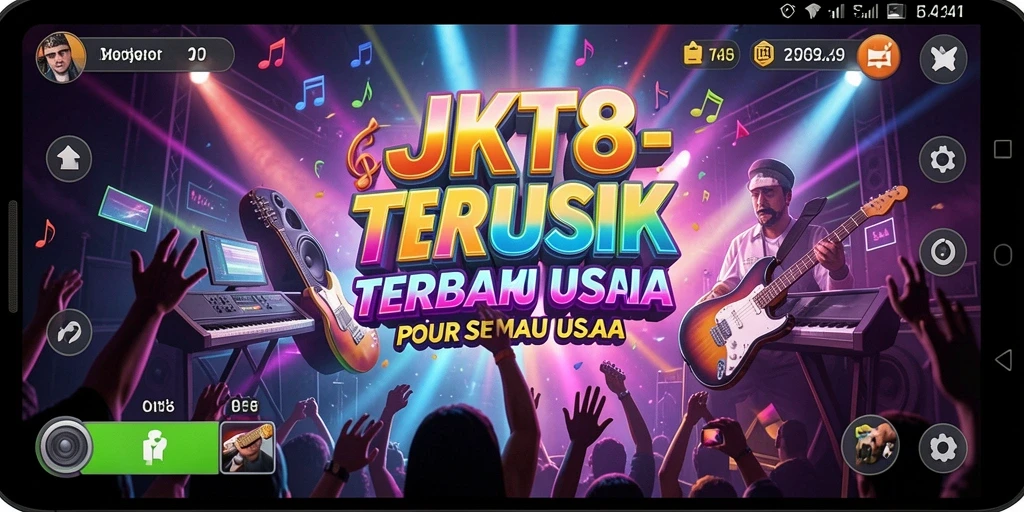 Screenshot menampilkan gameplay JKT8 dalam aksi dengan alat musik