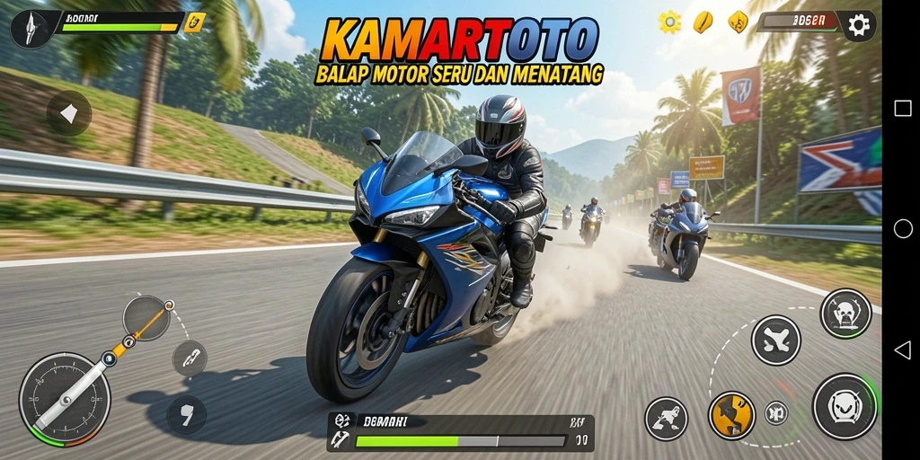 Gameplay seru KAMARTOTO dengan balapan motor yang mendebarkan.