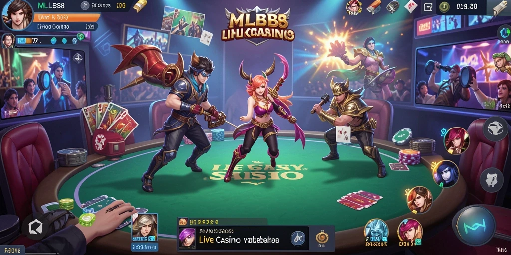 Screenshot gameplay MLBB8 menunjukkan dealer live yang ramah dan interaksi pemain yang menyenangkan.