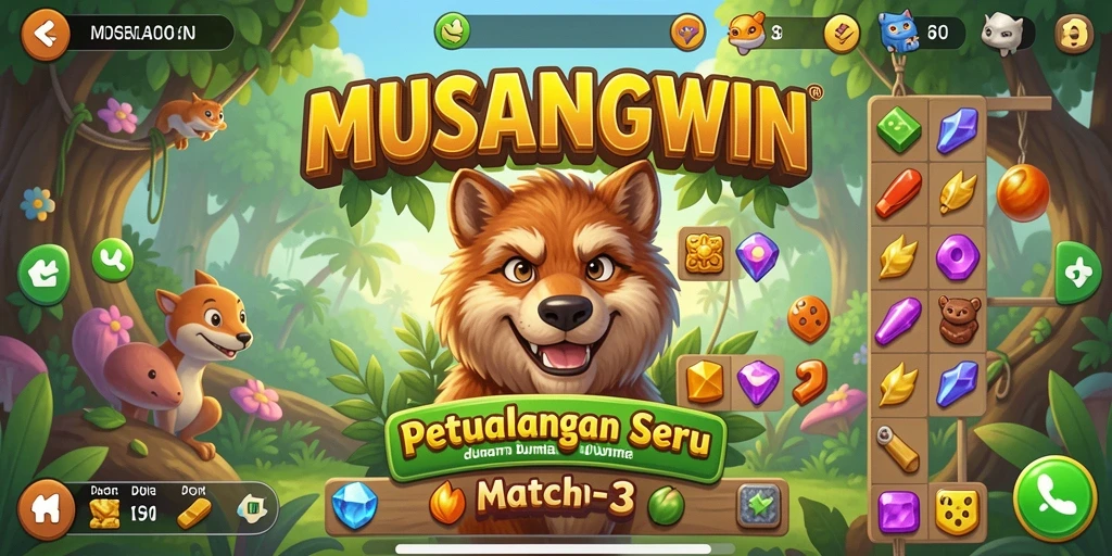 Screenshot gameplay MUSANGWIN menampilkan aksi mencocokkan elemen dengan warna-warni.