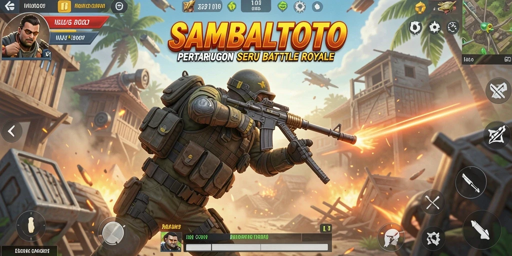 Screenshot utama SAMBALTOTO menampilkan adu tembak intens dalam pertempuran Battle Royale.