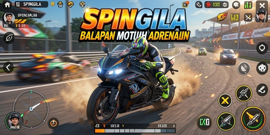 Tampilan gameplay SPINGILA yang mendebarkan dengan aksi balapan motor.
